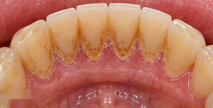 Before: calculus and staining along the gum line of the lower front teeth