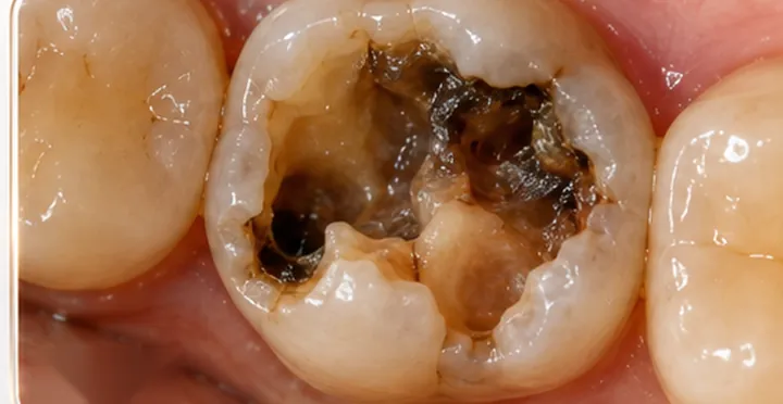 Before: deep decay reaching the pulp chamber of a molar